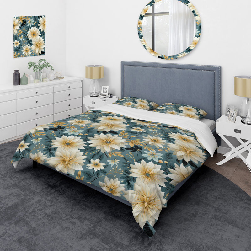 Ensemble de housse de couette floral bleu et doré, Housse de couette pour très grand lit et 2 très
