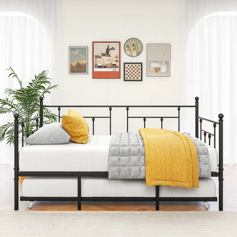 Twin Size Daybed Metal Frame With Trundle Set, Twin Day Bed Sofa, Daybed And Roll Sofa Bed For Guest Room, Bedroom, Living Room, Victorian Style, Black