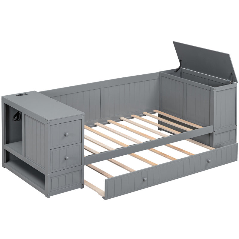 Gray Twin Daybed With Belt Storage, Trundle - Strong Wood Build Charging Ample Bedding Construction, Gray