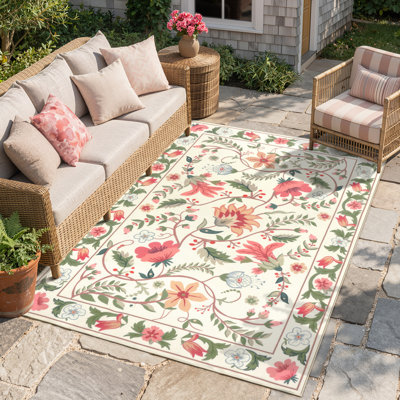  Washable 6X9 White Floral Outdoor Rug, Non Slip Quick-Dry Mesh Rug for Deck Backyard