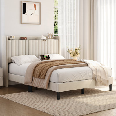 Upholstered Bed Frame with Charging Outlets and USB Ports