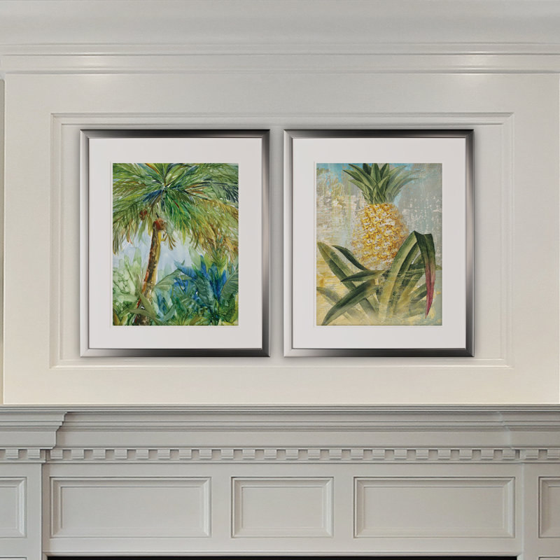 «Vintage Palm», ensemble de 2 reproductions de peintures à l'acrylique encadrées, Cadre argenté