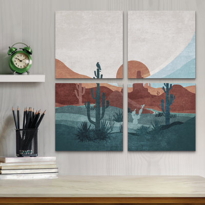Ensemble de 4 panneaux muraux - Emel Tunaboylu «Western Cactus 01», art mural sur toile pour le salon, la chambre à coucher ou le bureau 