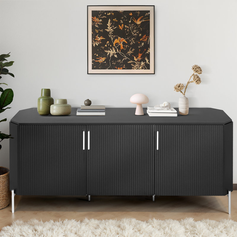 3 Door Sideboard Buffet Cabinet, Kitchen Storage Cabinet with Fluted Decorated Doors, Cupboard Console Table, Accent Liquor Sideboard with Hexagonal Design