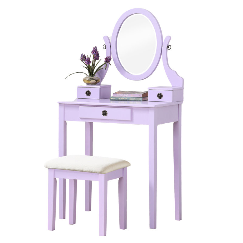 Fascinant meuble-lavabo en bois mauve avec tabouret, 3 tiroirs et table de miroir ajustable, Mauve