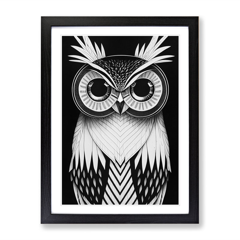 Monochrome Owl No.4 1 Piece Single Picture Frame Painting, 34cm H x 25cm W x 2cm D, Black