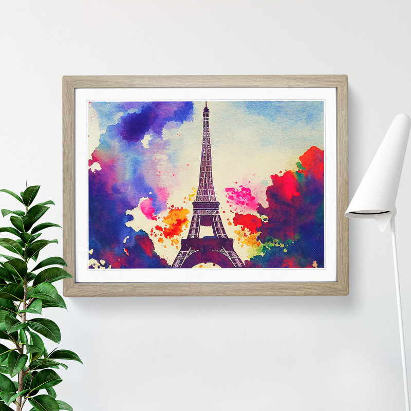 Watercolour Eiffel Tower Abstract - Single Picture Frame Print, Oak Framed, 46cm H x 64cm W x 2cm D