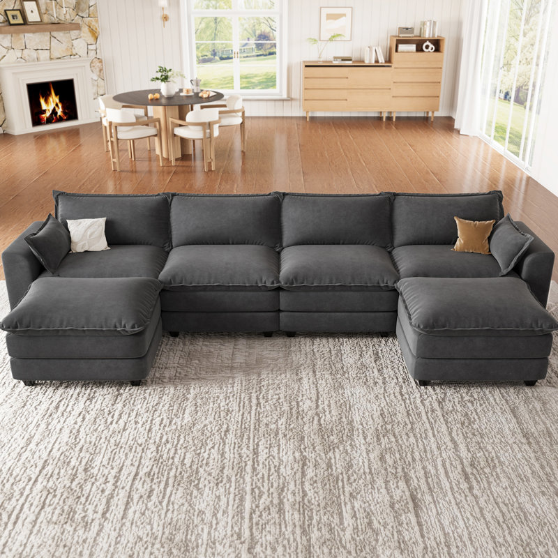 Canapé modulaire en U avec repose-pieds, canapé modulaire gris foncé, Dark Gray Chenille, 33.6" H x 153.5" W x 55.1" D