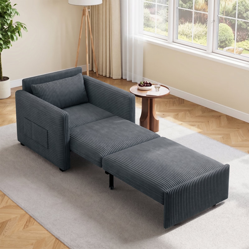 Modern Accent Chair with Side Pocket, Extra Long Convertible 4-in-1 Sleeper Chair in Corduroy Fabric, for Living Room, Study, or Bedroom