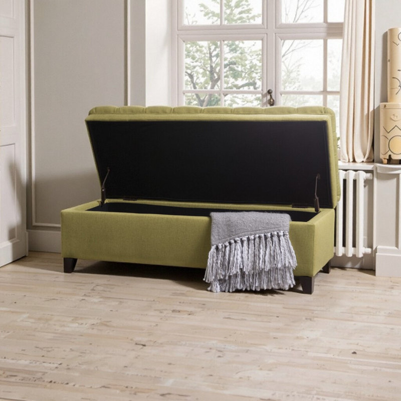 JULIANA Green Fabric Storage Ottoman with Birch Wood Legs, Multi-functional Bench for Living Room Storage and Seating, Green