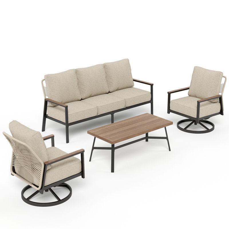  All-Weather Hand-Woven PE Rattan Outdoor Sofa Set with Cushions and Wood-Grain Metal Table