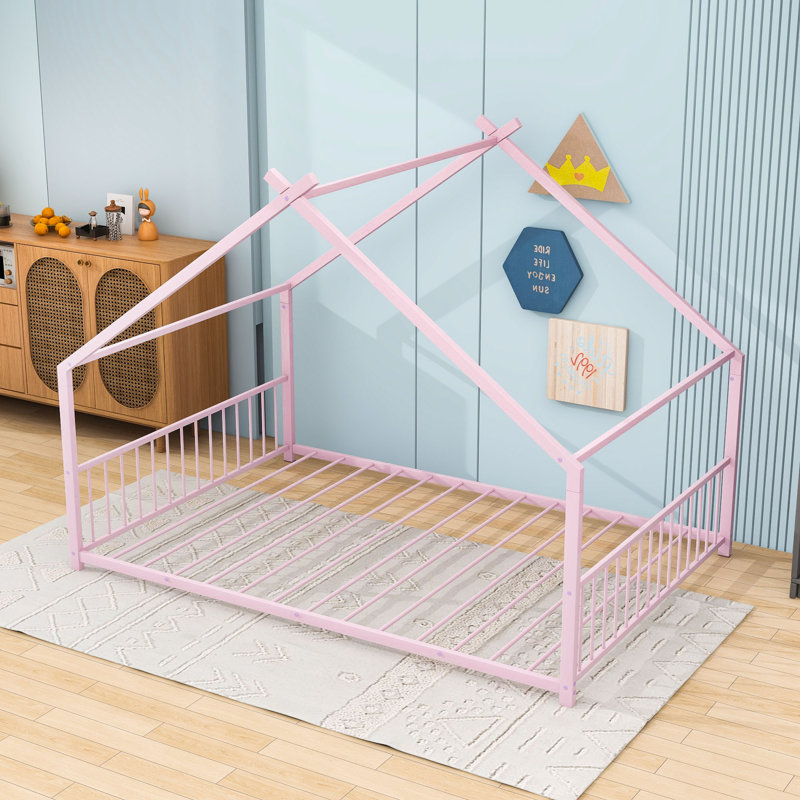 House Bed With Playhouse Design And Headboard, Full, Pink