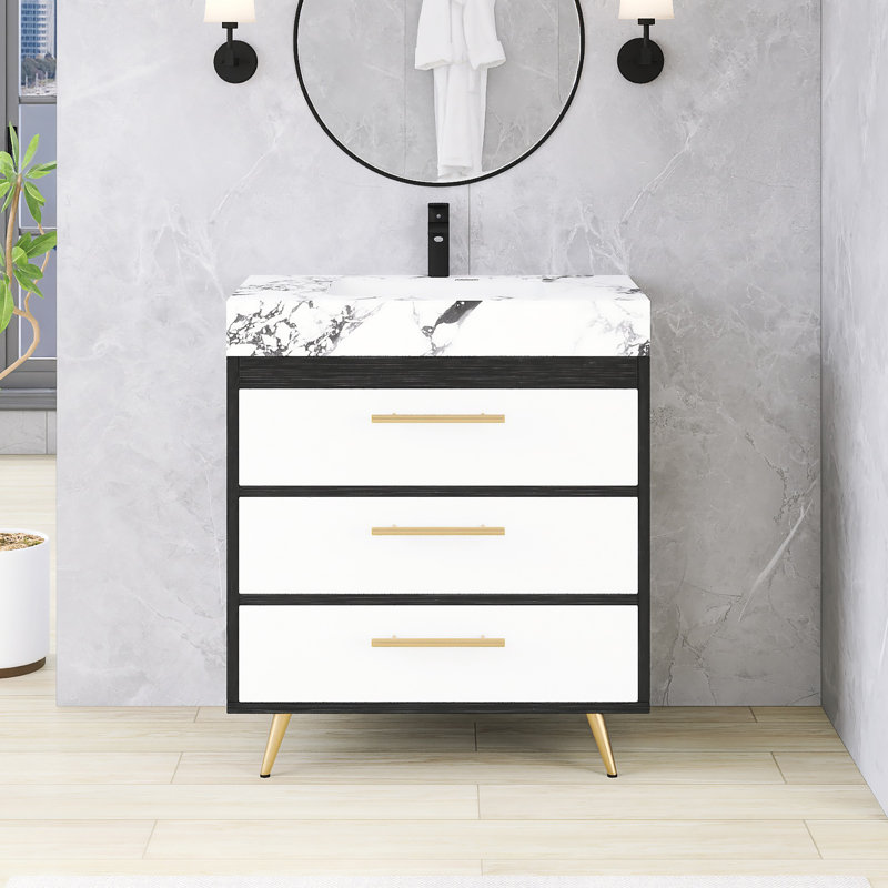 Ensemble de meuble-lavabo autoportant 29,9 po avec plateau en faux marbre 29,9 po, Blanc et blanc