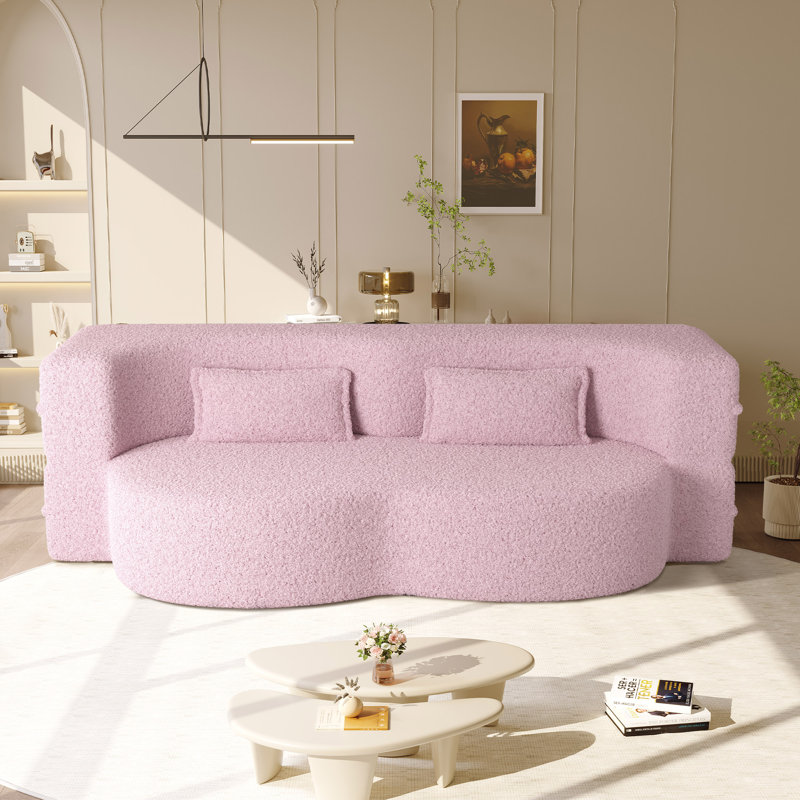 Evren Boneless Modern Minimalist Compression Convertible Floor Sofa Bed with Pillows, Teddy Baby Pink, 30" H x 78" W x 45" D