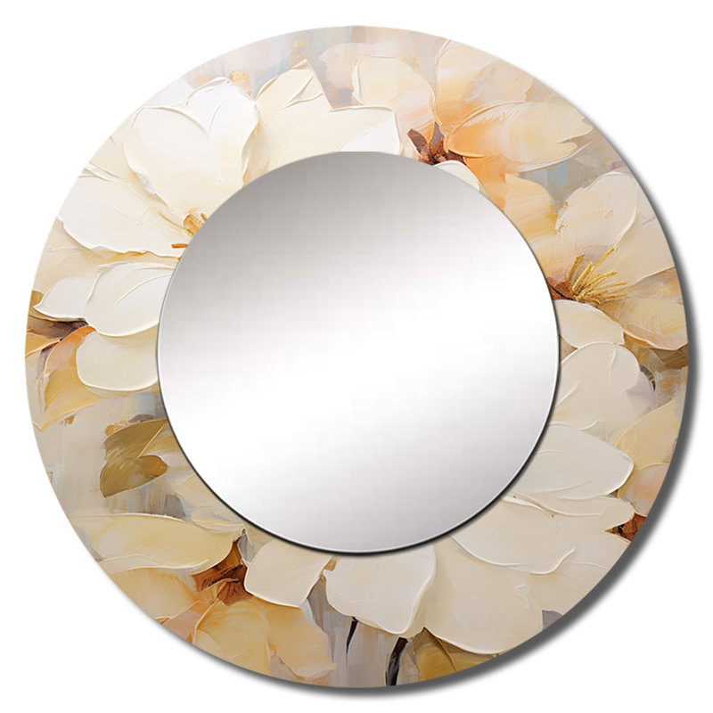 Sanaiah Graceful non embelli Rhododendron I - miroir décoratif rhododendron, miroir mural rond beige, impression d'art en métal