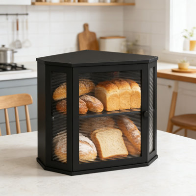 Corner Bread Box For Kitchen Counter, Large Capacity Bamboo Bread Storage Bin With Acrylic Wavy Door Panel For Freshness And Space Saving