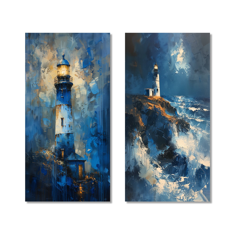 Tour de phare bleu orageux I - ensemble de 2 impressions murales en métal, 32" H x 32" W