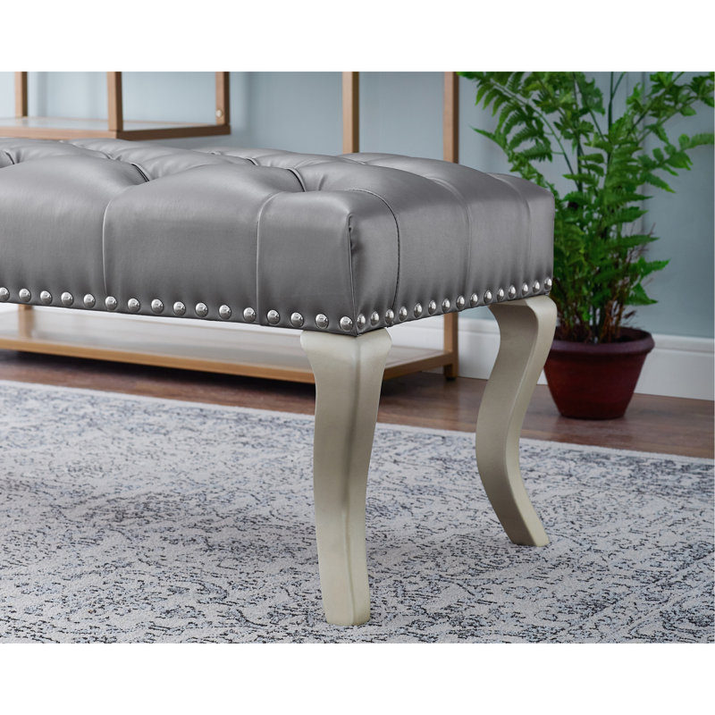 Tufted Fabric Upholstered Bench with Nailhead Trim, Argent, Argent