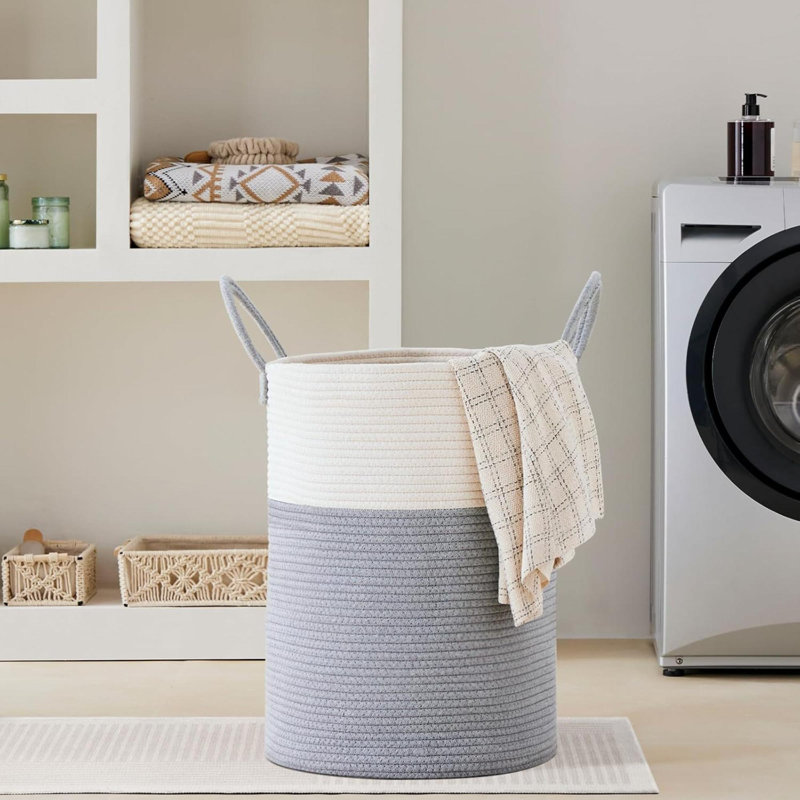 Laundry Hamper Tall Woven Rope Storage Basket For Toys Dirty Clothes In Living Room Bathroom Bedroom, Pink