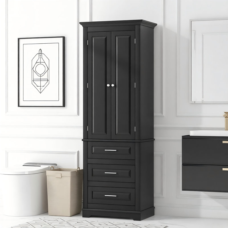 Tall Storage Cabinet With Three Drawers For Bathroom/office, Black, Black