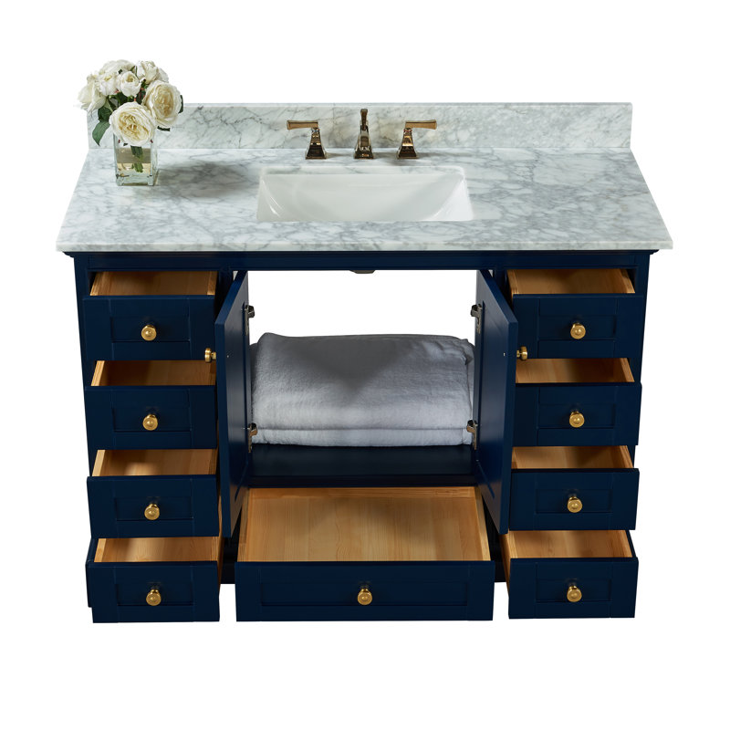 Ensemble de meuble-lavabo simple 48 po Varna, Bleu héritage / or brossé, Marbre blanc de Carrare