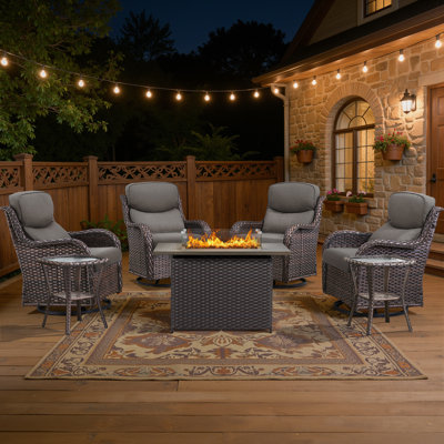 4 - Person  Outdoor Wicker Fire Pit Seating Set With Swivel Glider Chairs & Side Table