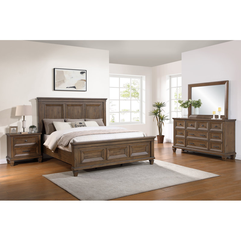 Ensemble de chambre à coucher grand lit en bois 4 pièces avec table de chevet Gurkamal, brun moka, Grand