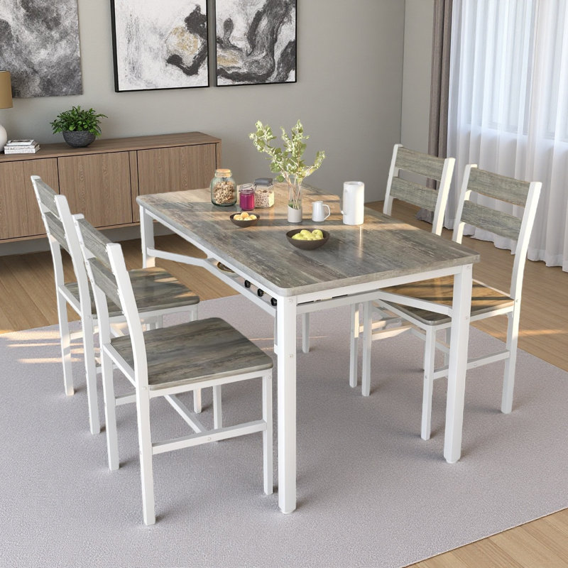 Wood Kitchen Table With Storage, Farmhouse Dining Table Set For 4, Dining Roomtable With Metal Frame And MDF Board,  For Small Space, Easy Assembly