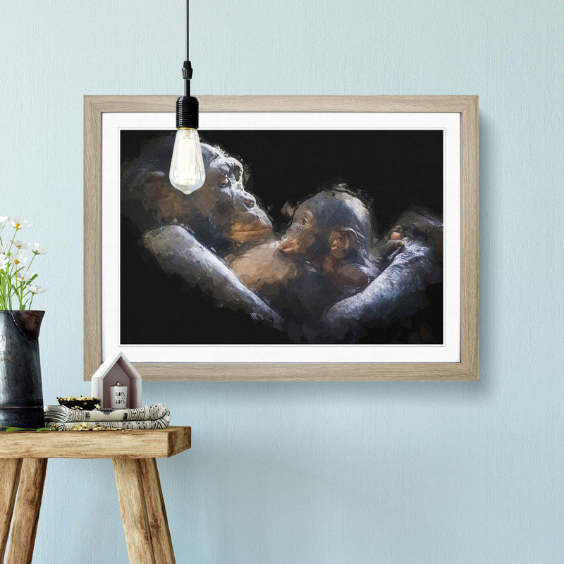 Gorilla Mother & Child in Abstract - Picture Frame Graphic Art Print, Oak Framed, 48cm H x 65cm W x 2cm D