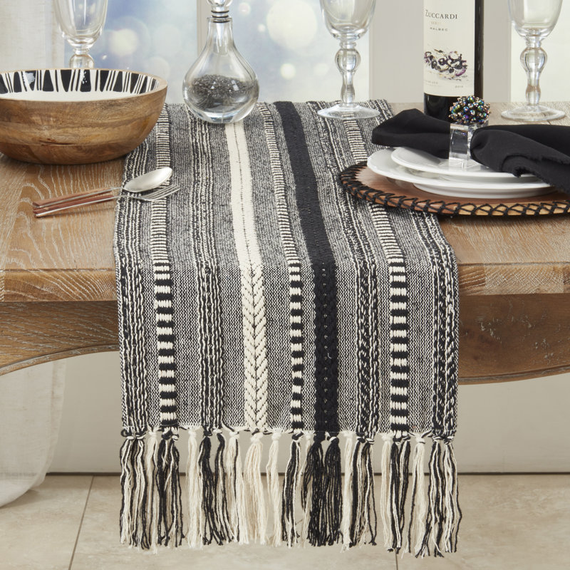 Black and White Cotton Fringe Stripe Table Runner, 14"x72"