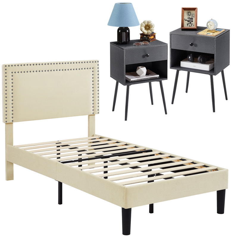 Ensemble de chambre avec lit plateforme 3 pièces Keyona, Gris / Crème, Simple