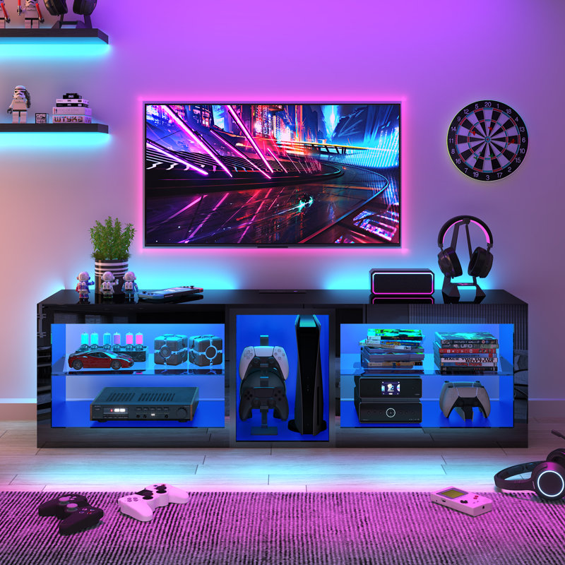 63" Modern High-Gloss LED TV Stand for 65/70" TVs with Power Outlets, Adjustable Shelves, PS5 Compatible, Black, 63" W