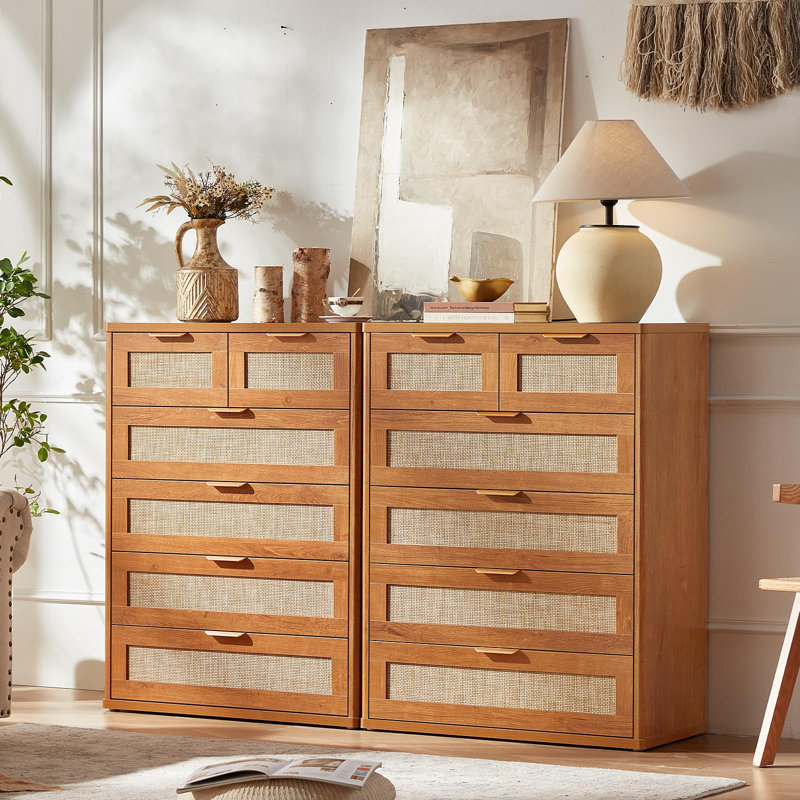 Ensemble de 2 commodes en rotin, style bohème, en bois, commode 6 tiroirs de 122 cm et commode 6 tiroirs de 107 cm, mobilier de chambre