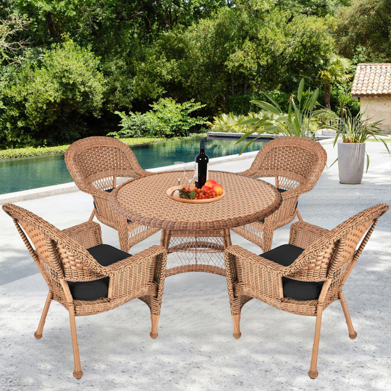4 - Person Patio Dining Set with Round Table , Cushions Included, Honey, Black