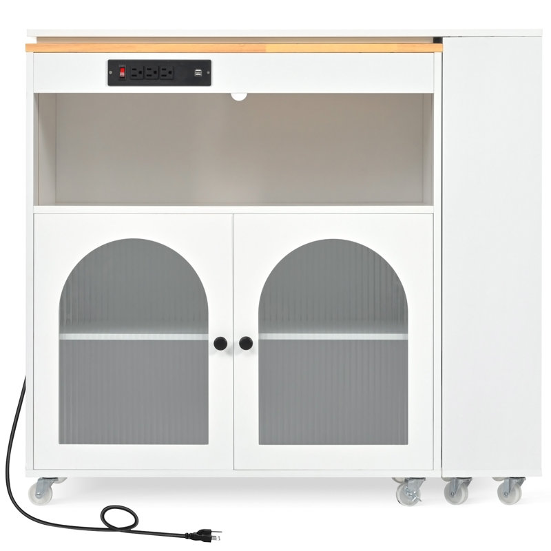 Îlot de cuisine roulant avec table allongée, Blanc