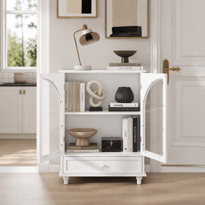 Farmhouse Sideboard with Double Arched Glass Doors, Storage Cabinet with Tiered Top & 1 Drawer for Kitchen, Living Room, Coffee Bar