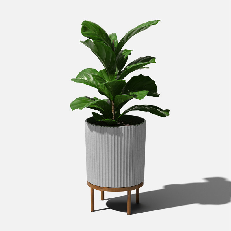 Gray Fluted Concrete-Composite Planter with Acacia Wood Stand