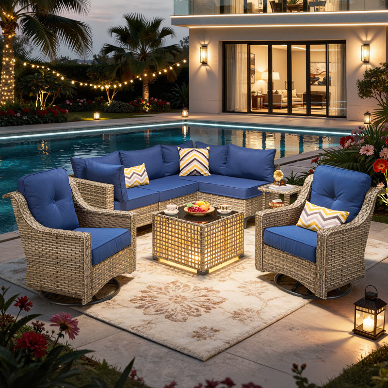 Sorella 7-Piece Modular Outdoor Rattan Seating Set With Cushions, Swivel & Rocking Chairs, Outdoor Table With Integrated Lighting For Patio Or Backyard