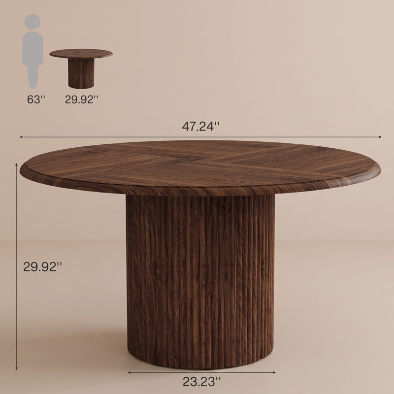 Table de salle à manger ronde 47 pouces avec base cylindrique cannelée en métal, Noyer