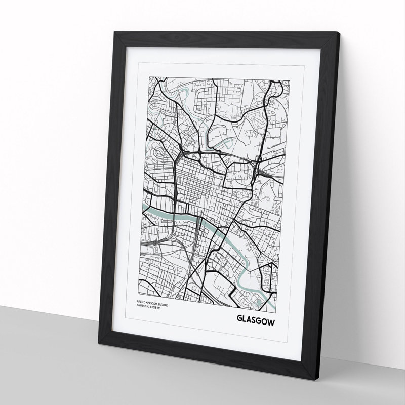 Map Glasgow UK - Picture Frame Graphic Art, Black Framed, 36cm H x 27cm W x 2cm D
