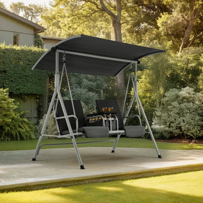 2-Seat Patio Porch Swing with Stand, Adjustable Canopy and Cup Holder