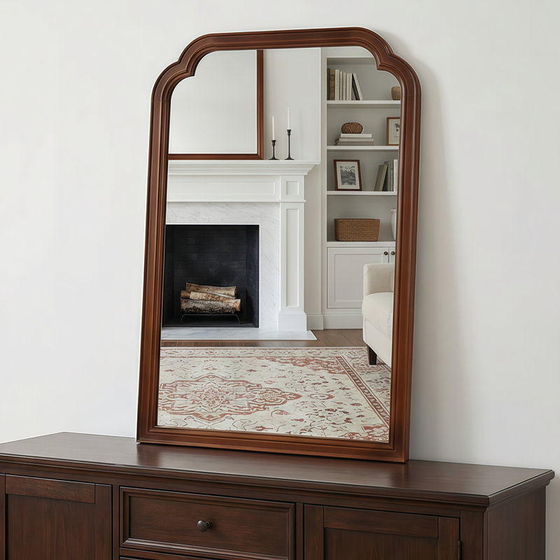 Miroir de coin rond en bois massif noir de 24 po x 36 po de couleur noyer noir, pour chambre à coucher, salle de bain, salon, vestibule