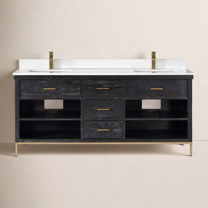 Ensemble de meuble-lavabo double 72 po Adaire avec comptoir en pierre composite blanc de Carrare sans miroir, Noir, Or