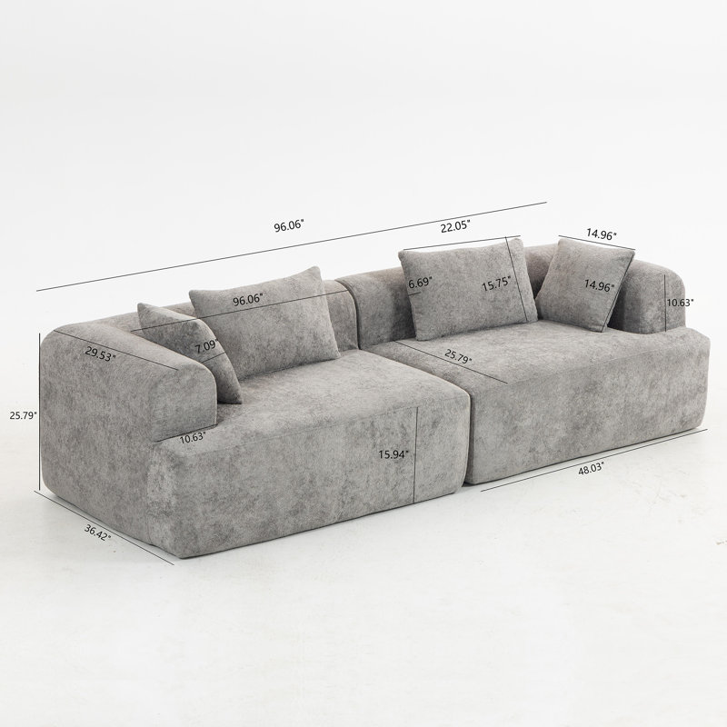 96" Oversize Modern Upholstered Modular Compressed Sofa, Gray
