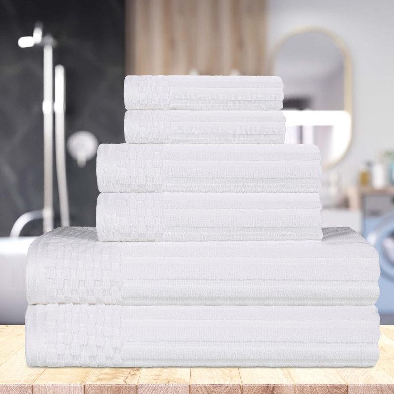 Ruvins Cotton Highly Absorbent 6-Piece Solid and Checkered Border Towel Set, White