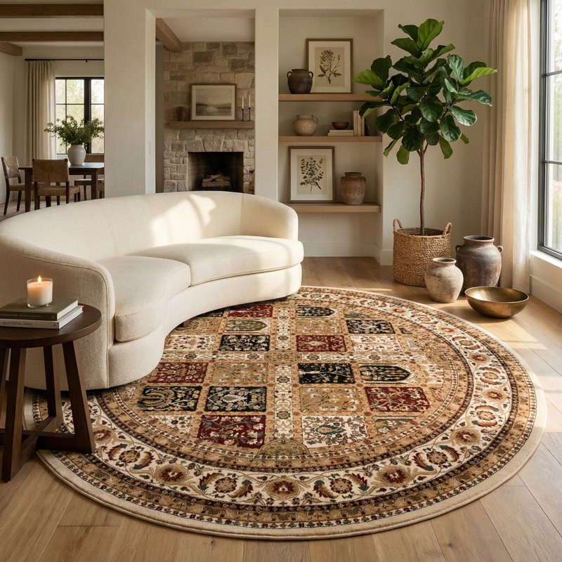 Rug Branch Jinan 5' x 5' (5'3" x 5'3") Beige/Red Persian Garden Indoor Round Area Rug, Traditional, Low Pile, Stain-Resistant Carpet - Living Room, Bedroom, Dining Room, and Kitchen