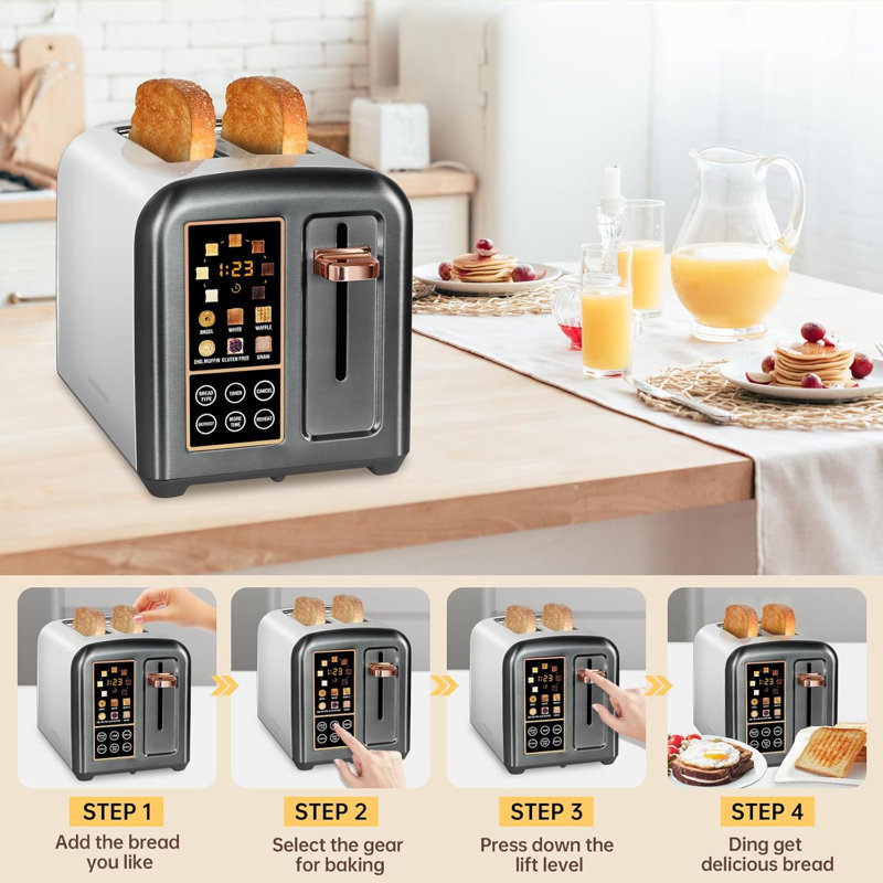 Toaster 2 Slice, Stainless Toaster LCD Display&Touch Button, 50% Faster Heating Speed, Wide Slots, Gray