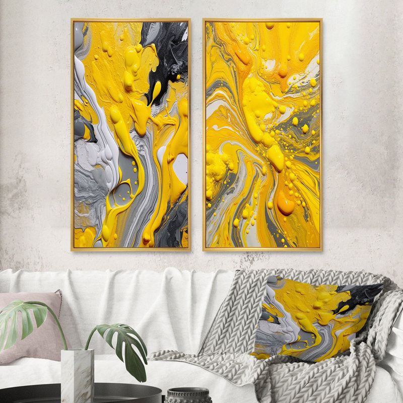 Ensemble d'art sur toile jaune et gris, 2 pièces - vibrations cosmiques jaunes et grises, H 40 po x l 40 po, Encadrement doré