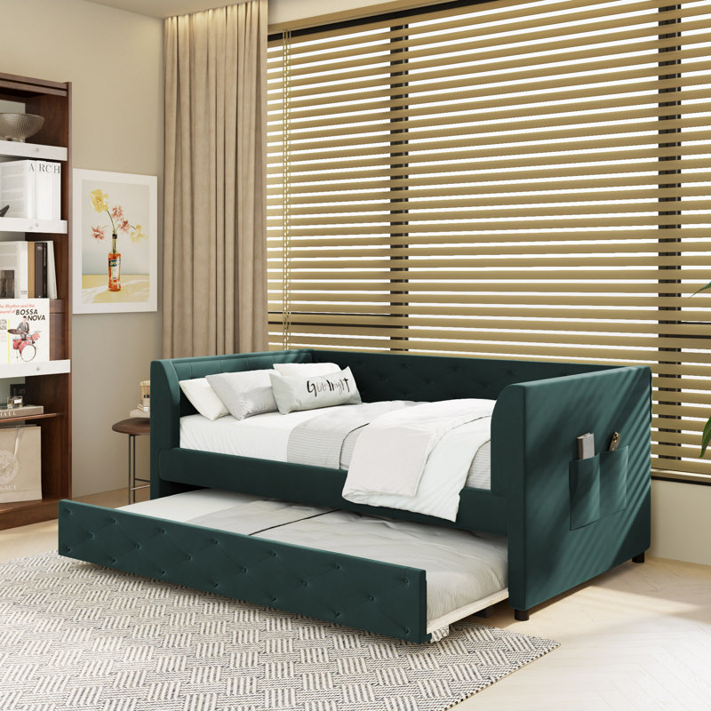 Lit de jour rembourré en velours capitonné avec couchette, Vert