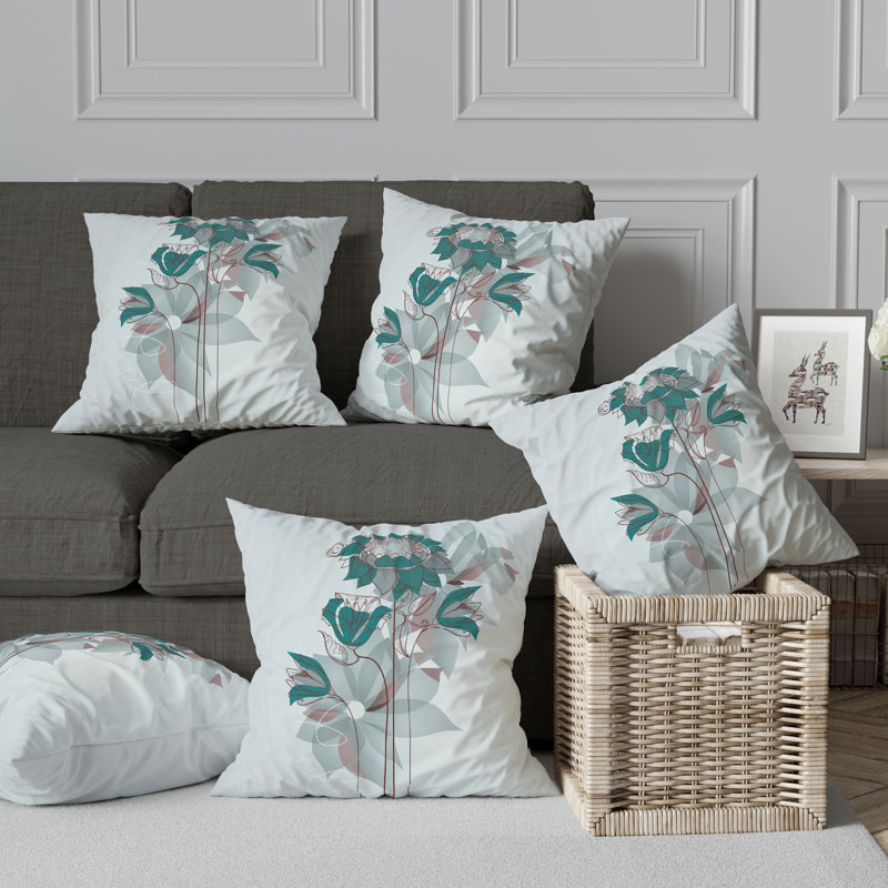 Coussin à motif floral avec housse amovible, H 18 po x l 18 po, Bleu / vert / bleu sarcelle